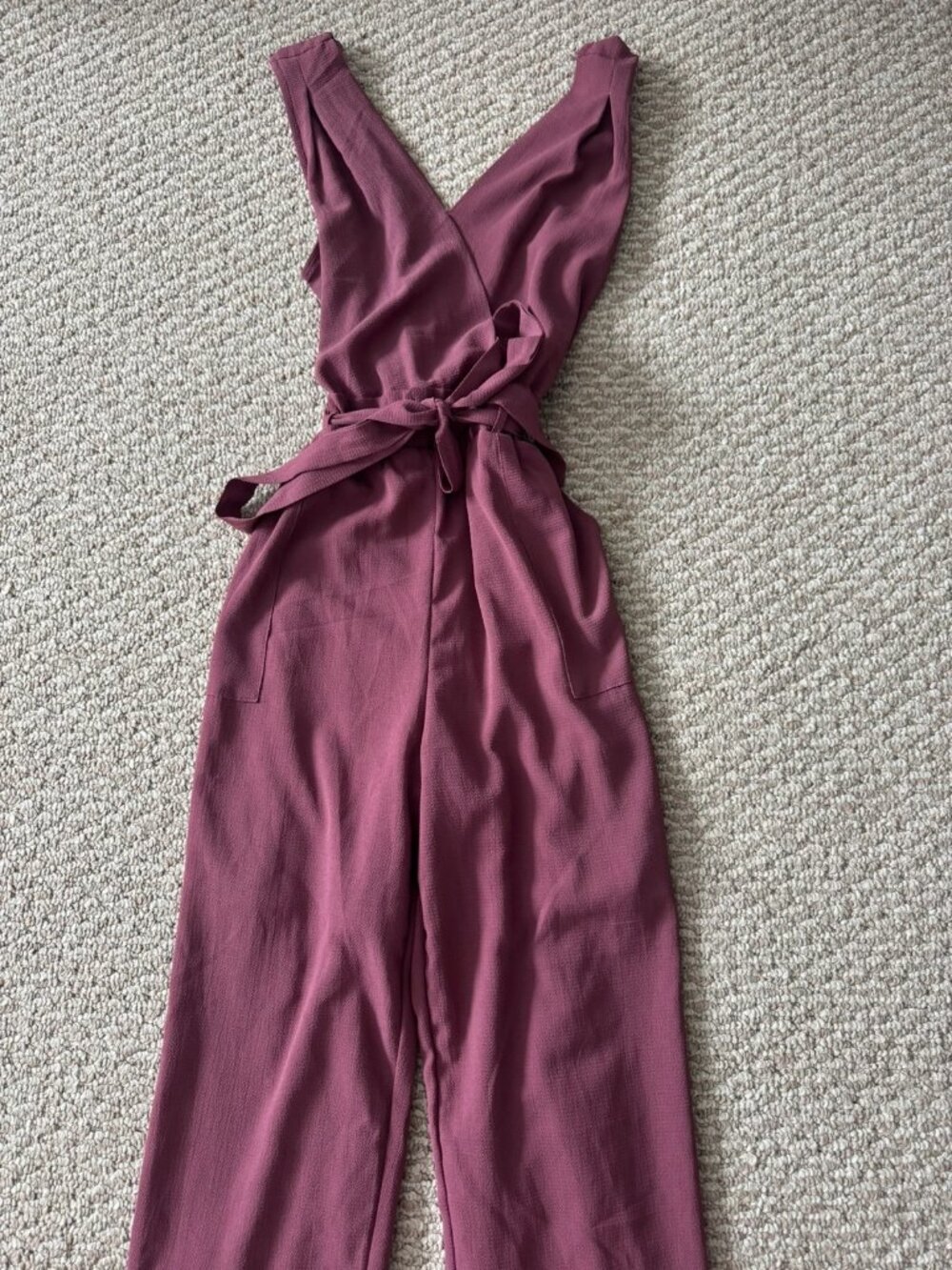 Monteau Mauve Plum Wrap Front Jumpsuit with Tie Waist and Pockets